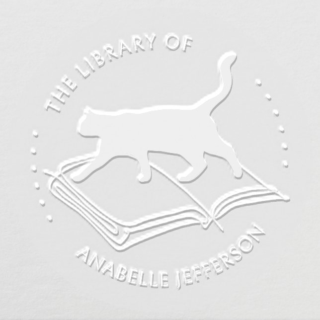 Cute Cat on the Book Custom Name Library Embosser (Design)