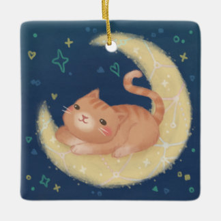 Cute Cat on the Moon Ceramic Ornament