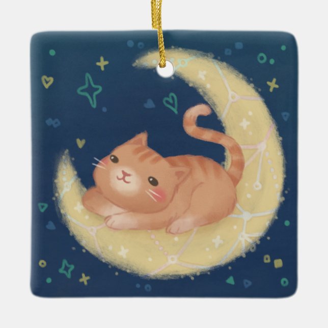 Cute Cat on the Moon Ceramic Ornament (Front)