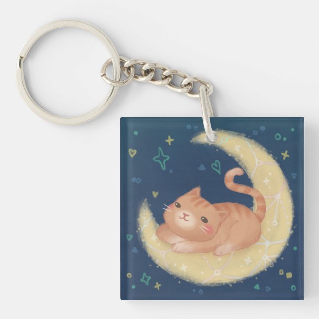 Cute Cat on the Moon Keychain (Front)