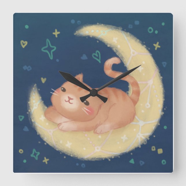 Cute Cat on the Moon Square Wall Clock (Front)