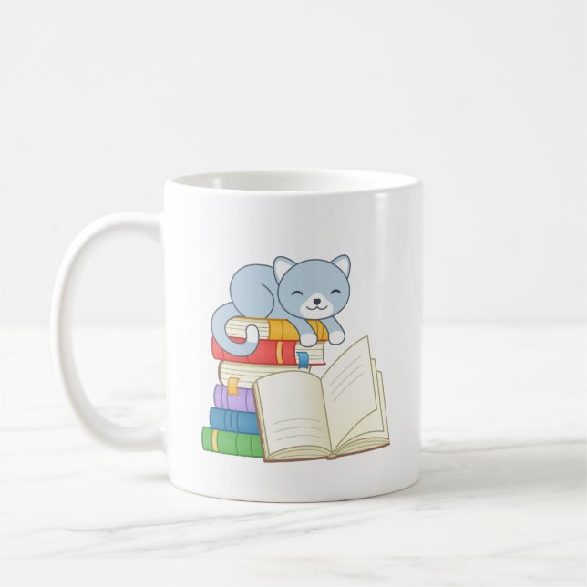 Cute Cat on top of a Book Stack Coffee Mug (Left)