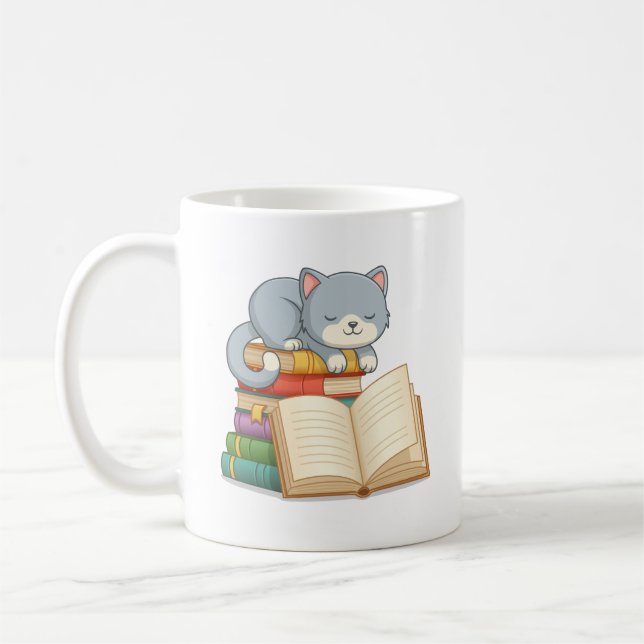 Cute Cat on top of a Book Stack Coffee Mug (Left)