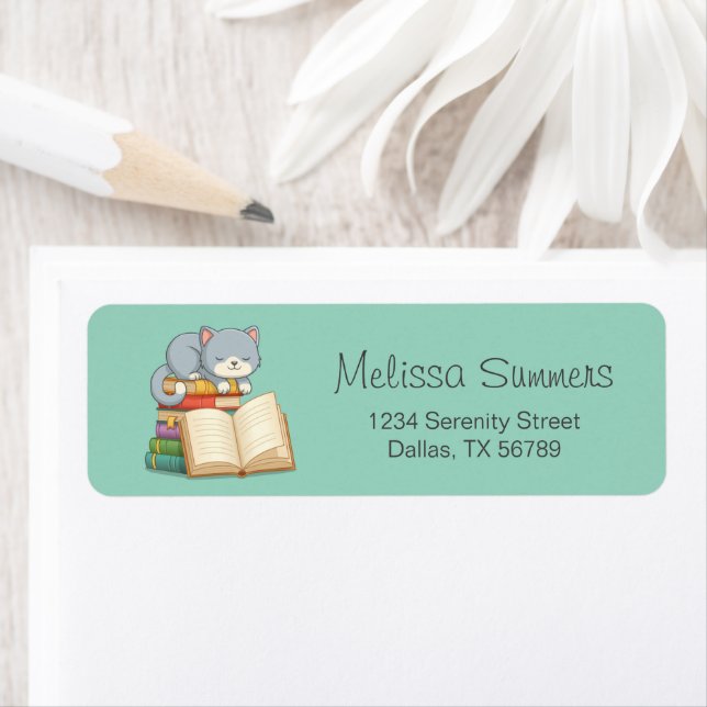 Cute Cat on top of a Book Stack on Green Label (Insitu)