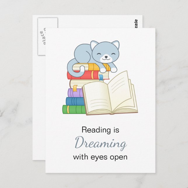 Cute Cat on top of a Book Stack Reading Quote Postcard (Front/Back)