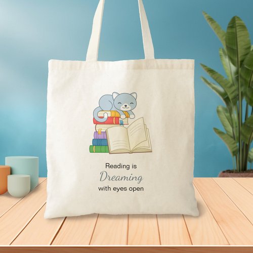 Cute Cat on top of a Book Stack Reading Quote Tote Bag