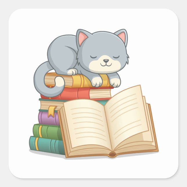 Cute Cat on top of a Book Stack Square Sticker (Front)