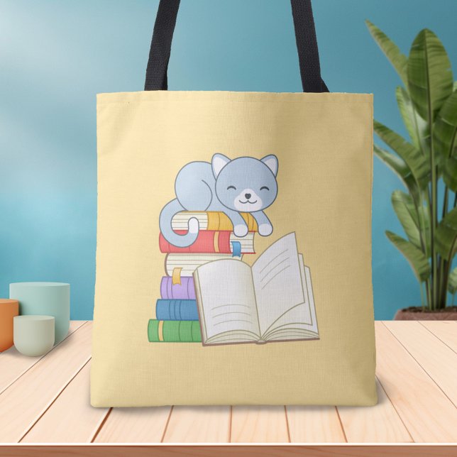 Cute Cat on top of a Book Stack Tote Bag (Creator Uploaded)