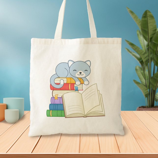 Cute Cat on top of a Book Stack Tote Bag (Creator Uploaded)