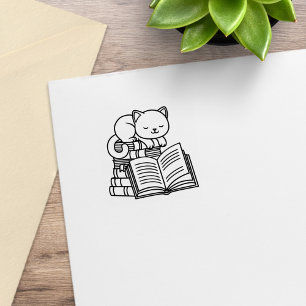 Cute Cat on top of Stack of Books 1x1 Rubber Stamp
