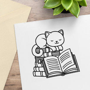 Cute Cat on top of Stack of Books - Bookplate Rubber Stamp