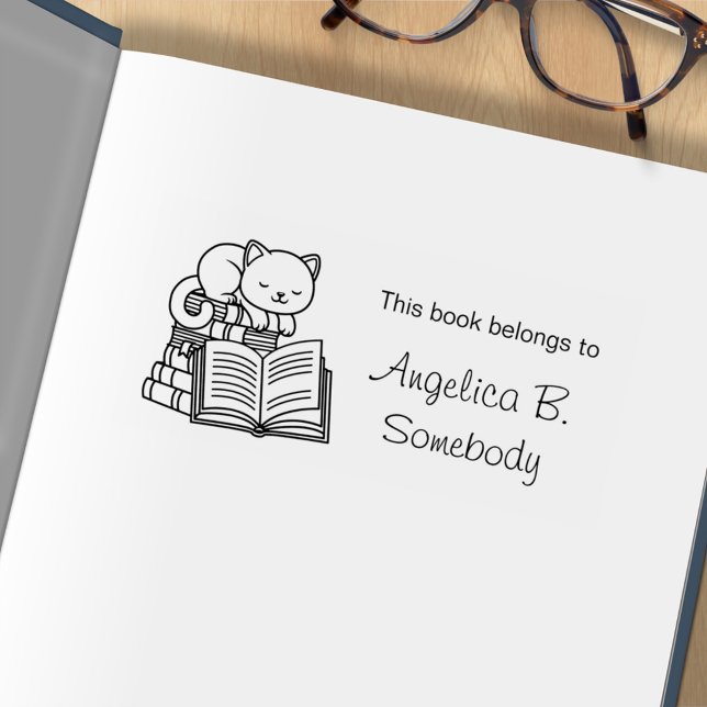 Cute Cat on top of Stack of Books - Bookplate Rubber Stamp (Creator Uploaded)