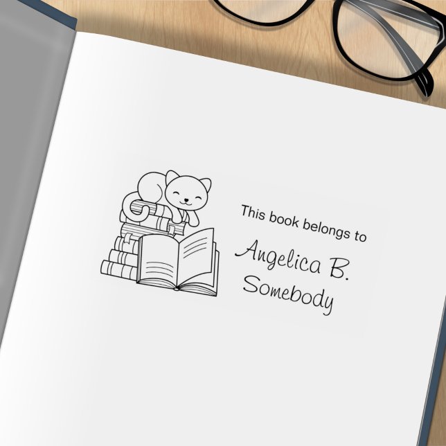Cute Cat on top of Stack of Books - Bookplate Rubber Stamp (Creator Uploaded)
