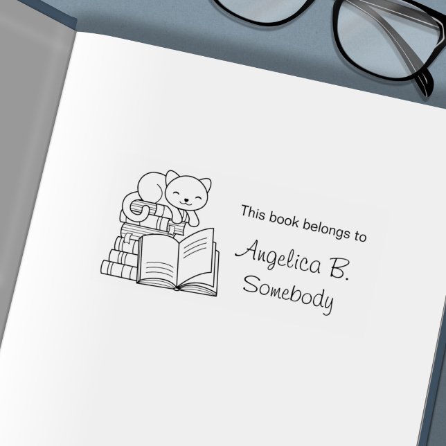 Cute Cat on top of Stack of Books - Bookplate Self-inking Stamp (Creator Uploaded)
