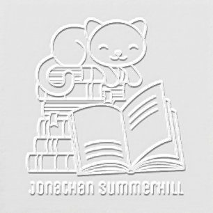 Cute Cat on top of Stack of Books Custom Name Embosser