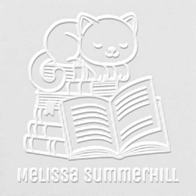 Cute Cat on top of Stack of Books Custom Name Embosser (Design)