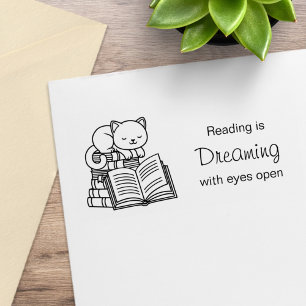 Cute Cat on top of Stack of Books - Reading Quote Rubber Stamp