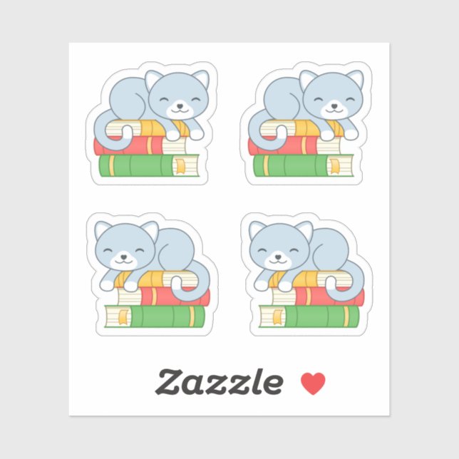 Cute Cat on top of Stack of Books, Set of 4 Sticker (Sheet)