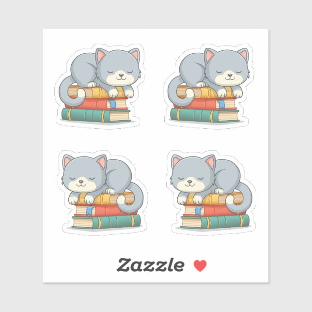 Cute Cat on top of Stack of Books, Set of 4 Sticker (Sheet)