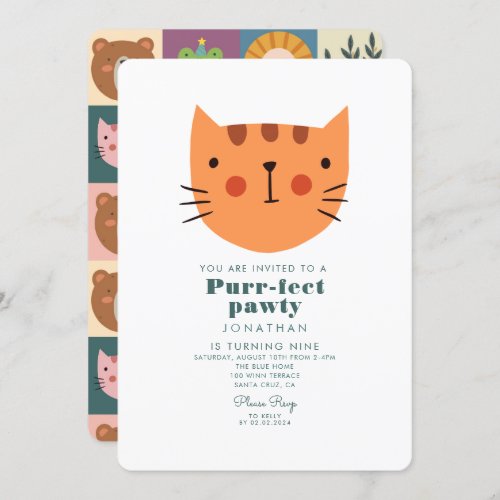 Cute Cat Orange Animals Birthday  Invitation