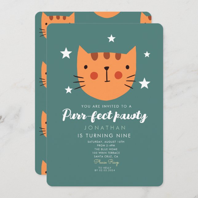 Cute Cat Orange Green Birthday Party  Invitation (Front/Back)