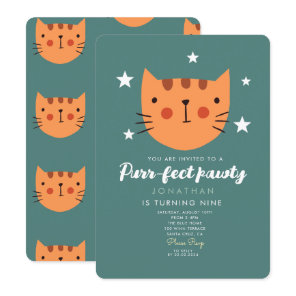 Cute Cat Orange Green Birthday Party  Invitation