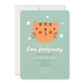 Cute Cat Orange Green Birthday Party  Invitation