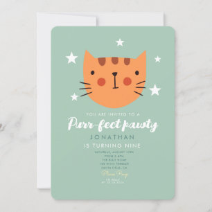 Cute Cat Orange Green Birthday Party Invitation