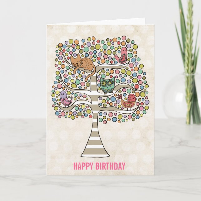 Cute Cat Owl & Birds Sittin in a Tree Illustration Card (Front)