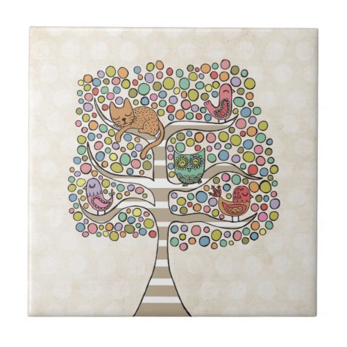 Cute Cat Owl  Birds Sittin in a Tree Illustration Ceramic Tile