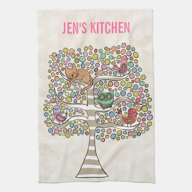 Cute Cat Owl & Birds Sittin in a Tree Illustration Kitchen Towel (Vertical)