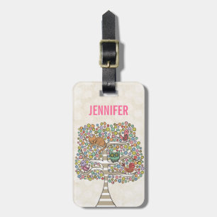 Cute Cat Owl & Birds Sittin in a Tree Illustration Luggage Tag