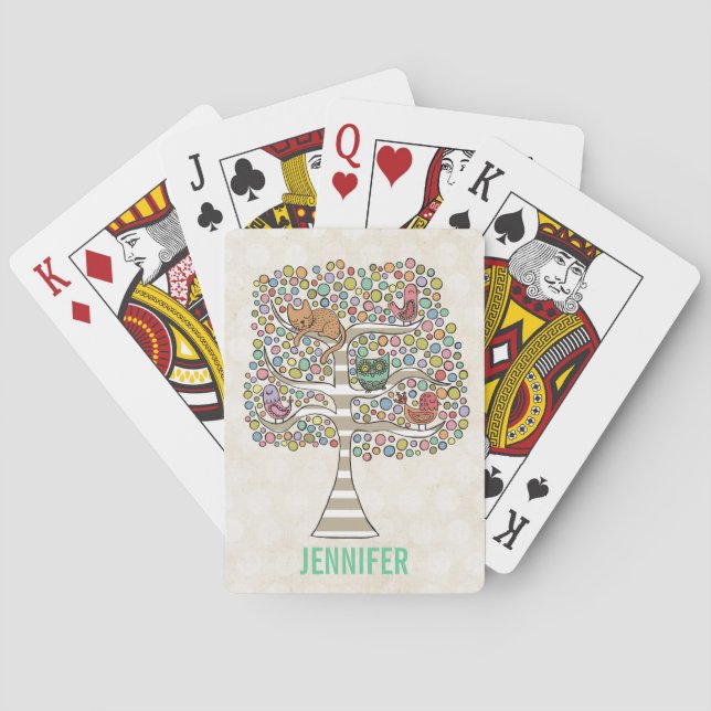 Cute Cat Owl & Birds Sittin in a Tree Illustration Poker Cards (Back)