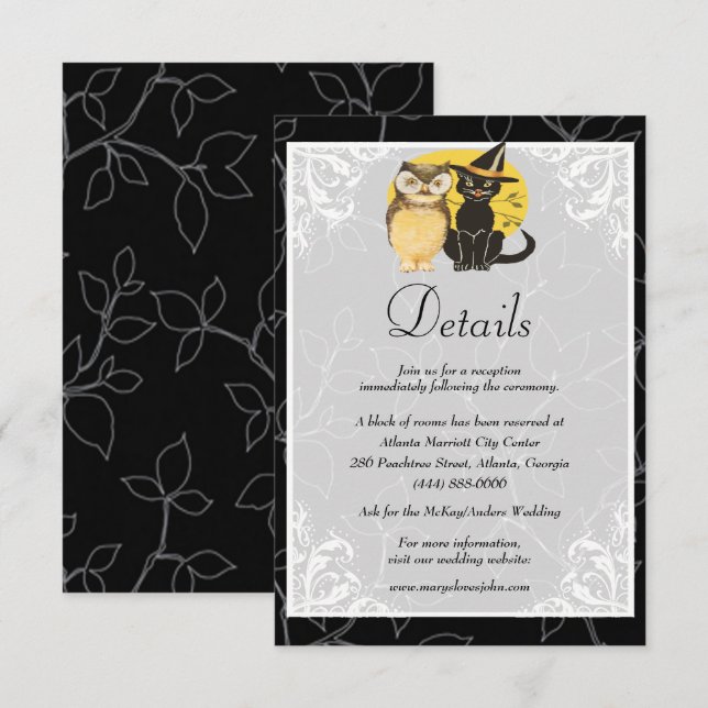 Cute Cat & Owl Halloween Wedding Details Enclosure Card (Front/Back)