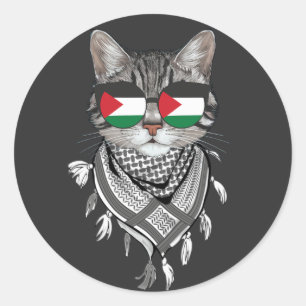 Cute Cat Palestine Flag Glasses Keffiyeh scarf Classic Round Sticker