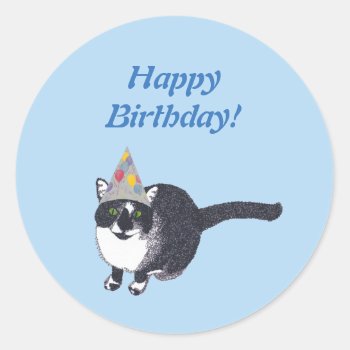 Cute Cat Party Hat Happy Birthday Stickers by Cherylsart at Zazzle