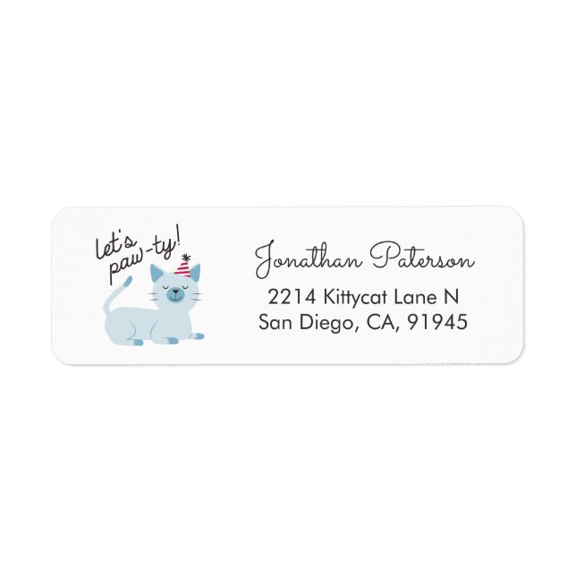 Cute Cat Party Invitation Blue Return Address Label (Front)