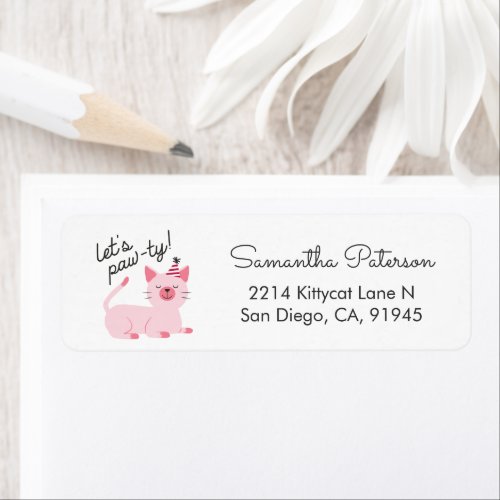 Cute Cat Party Invitation Pink Return Address Label