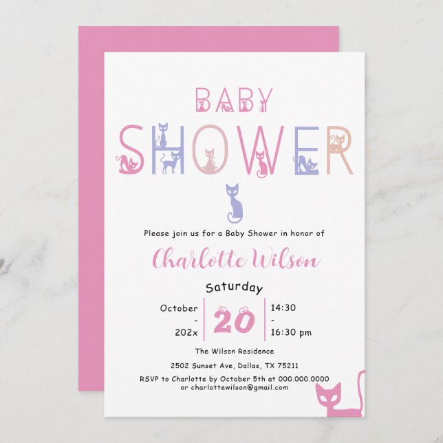 Cute Cat Pastel Color Baby Shower Invitation (Front/Back)
