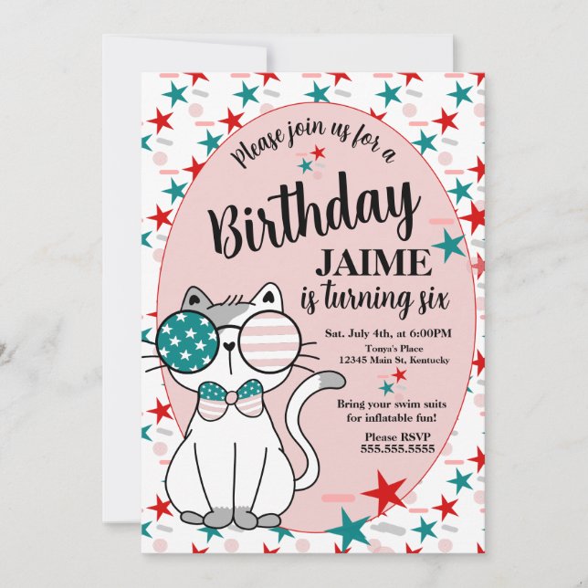 Cute Cat Patriotic Birthday Party Stars Sprinkles Invitation (Front)