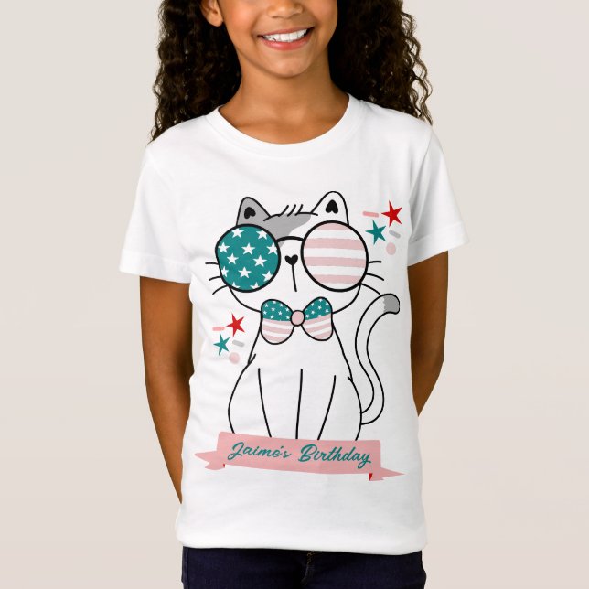 Cute Cat Patriotic Birthday Party T-Shirt (Front)