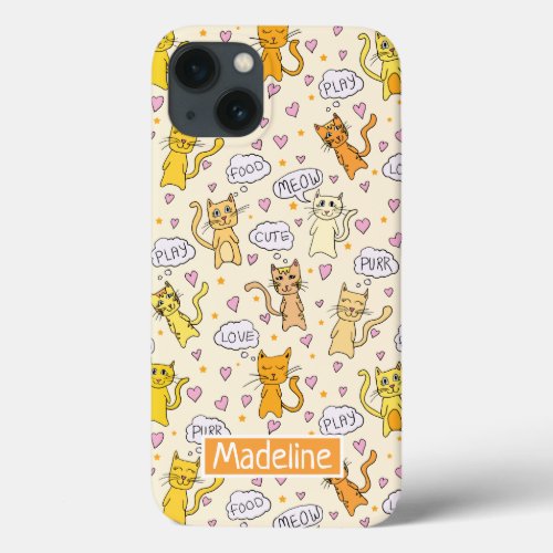 Cute Cat Pattern Add Name iPhone 13 Case