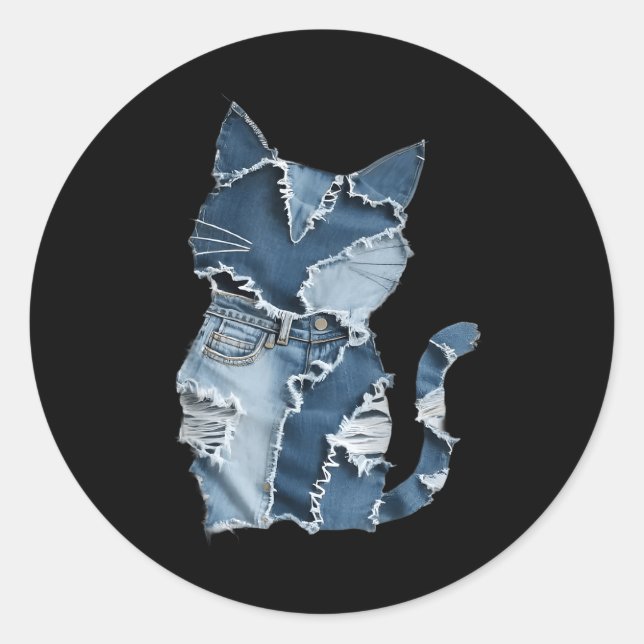 Cute Cat Pattern Denim Patchwork Funny Cat Lover  Classic Round Sticker (Front)