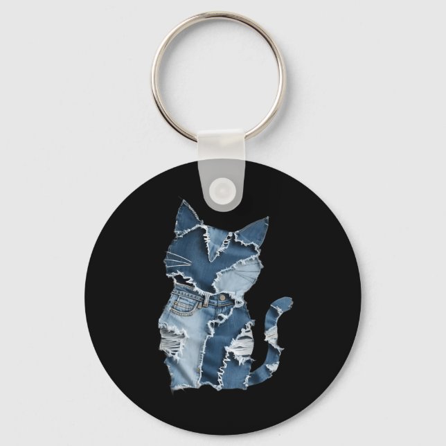 Cute Cat Pattern Denim Patchwork Funny Cat Lover  Keychain (Front)