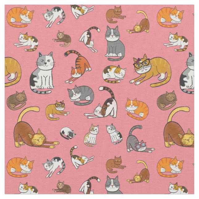 cute cat pattern design for cat lovers- pink backg fabric (Close Up)