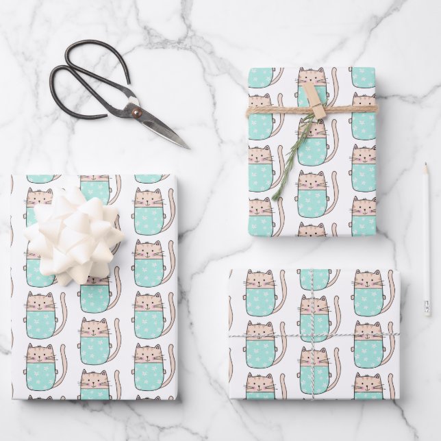 Cute Cat Pattern Kids Wrapping Paper Sheets (Front)