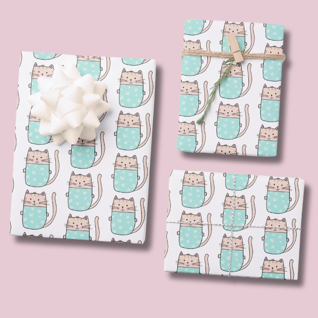 Cute Cat Pattern Kids Wrapping Paper Sheets (Kitty Cat pattern wrapping paper)