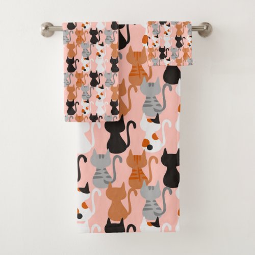 Cute Cat Pattern On Blush Pink Bath Towel Set