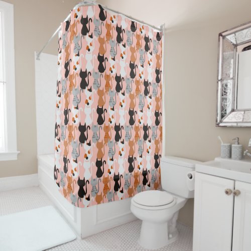 Cute Cat Pattern On Blush Pink Shower Curtain