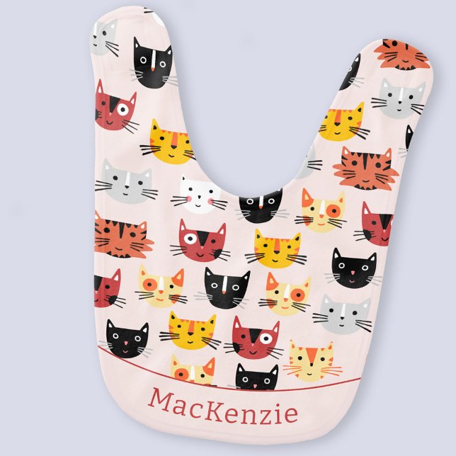 Cute Cat Pattern Personalized Baby Bib (Cute blush pink kitty cat personalized custom name baby bib)